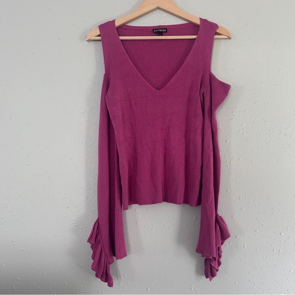 Express Off-the-Shoulder Cold Shoulder Ribbed Pink Sweater Stretch Ruffle Sleeve - Picture 2 of 8